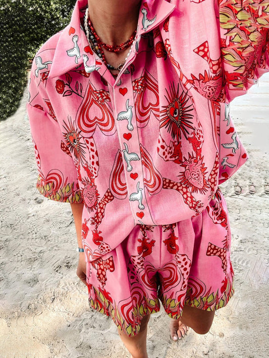 Vacation Style Unique Ethnic Print Shirt Shorts Set