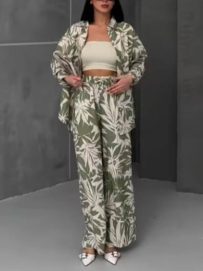 Palm Leaf Printed Elastic Waist Wide Leg Pants