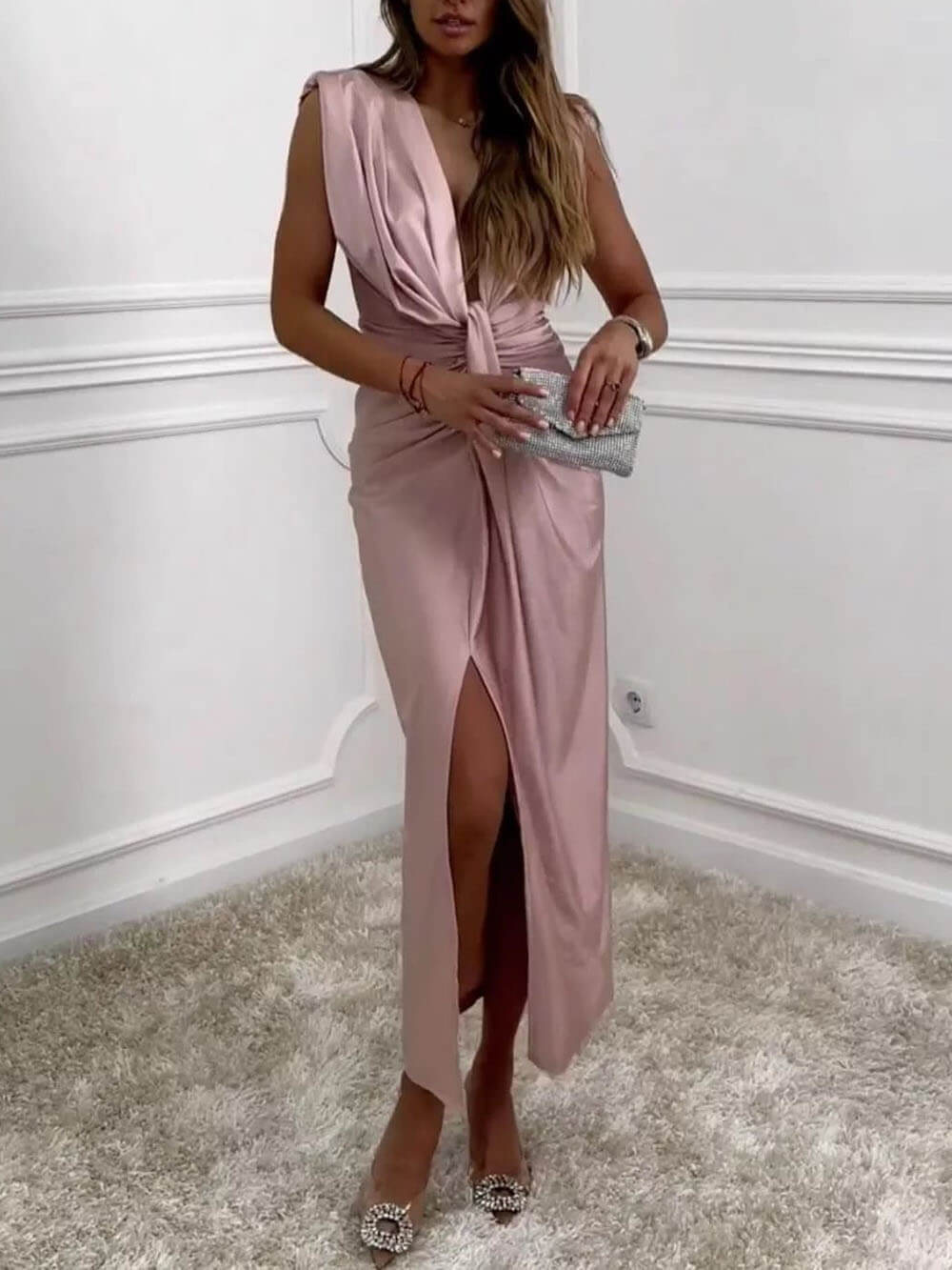 Classic V-Neck Ruched Drape Slit Midi Dress