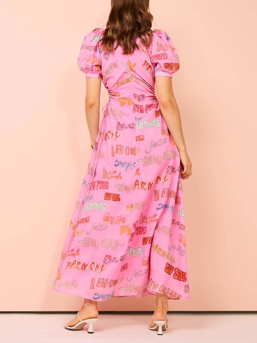 Drawstring Waisted Puff Sleeves Unique Printed Midi Dress