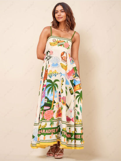 Unique Holiday Print Smocked Back Pocket Maxi Dress