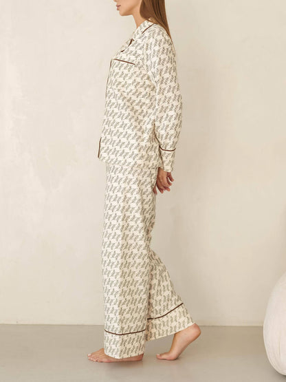 Loose Printed Brown Trim Patchwork Pajama Set