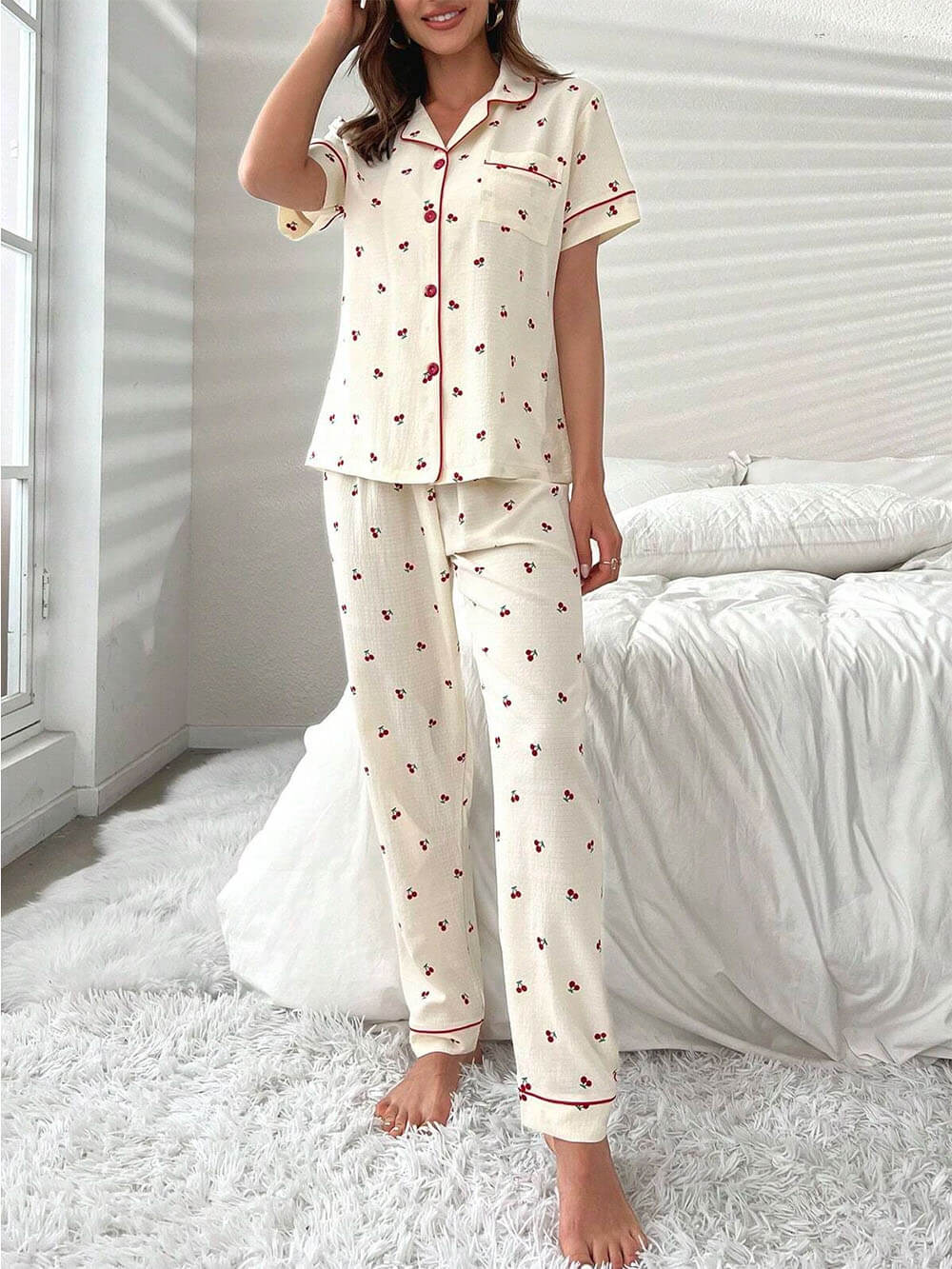 Cherry Print Contrast Piping Blouse & Pants Pajamas Set