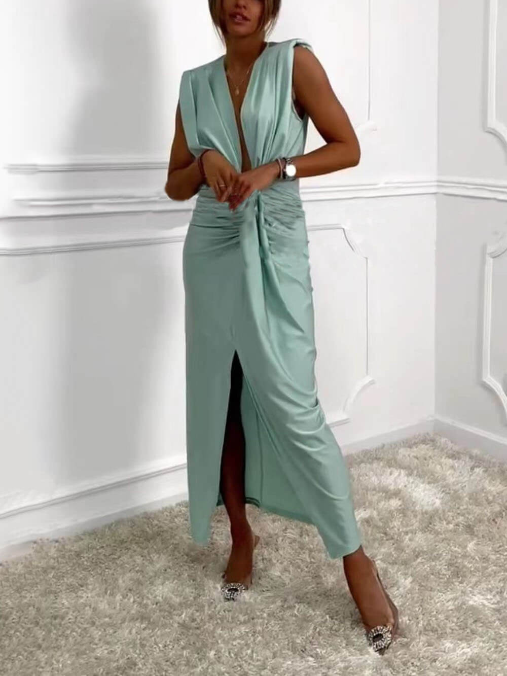 Classic V-Neck Ruched Drape Slit Midi Dress