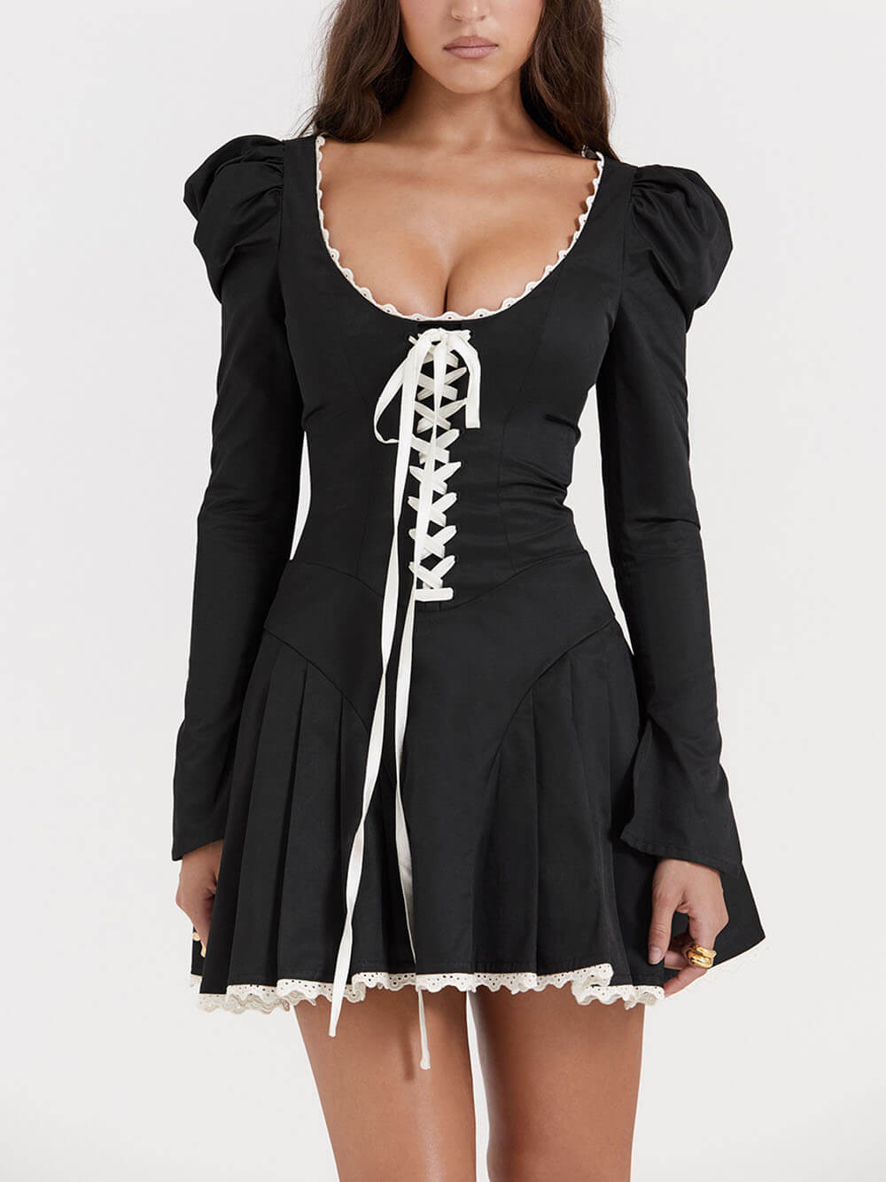 Black & Cream Pleated Mini Dress