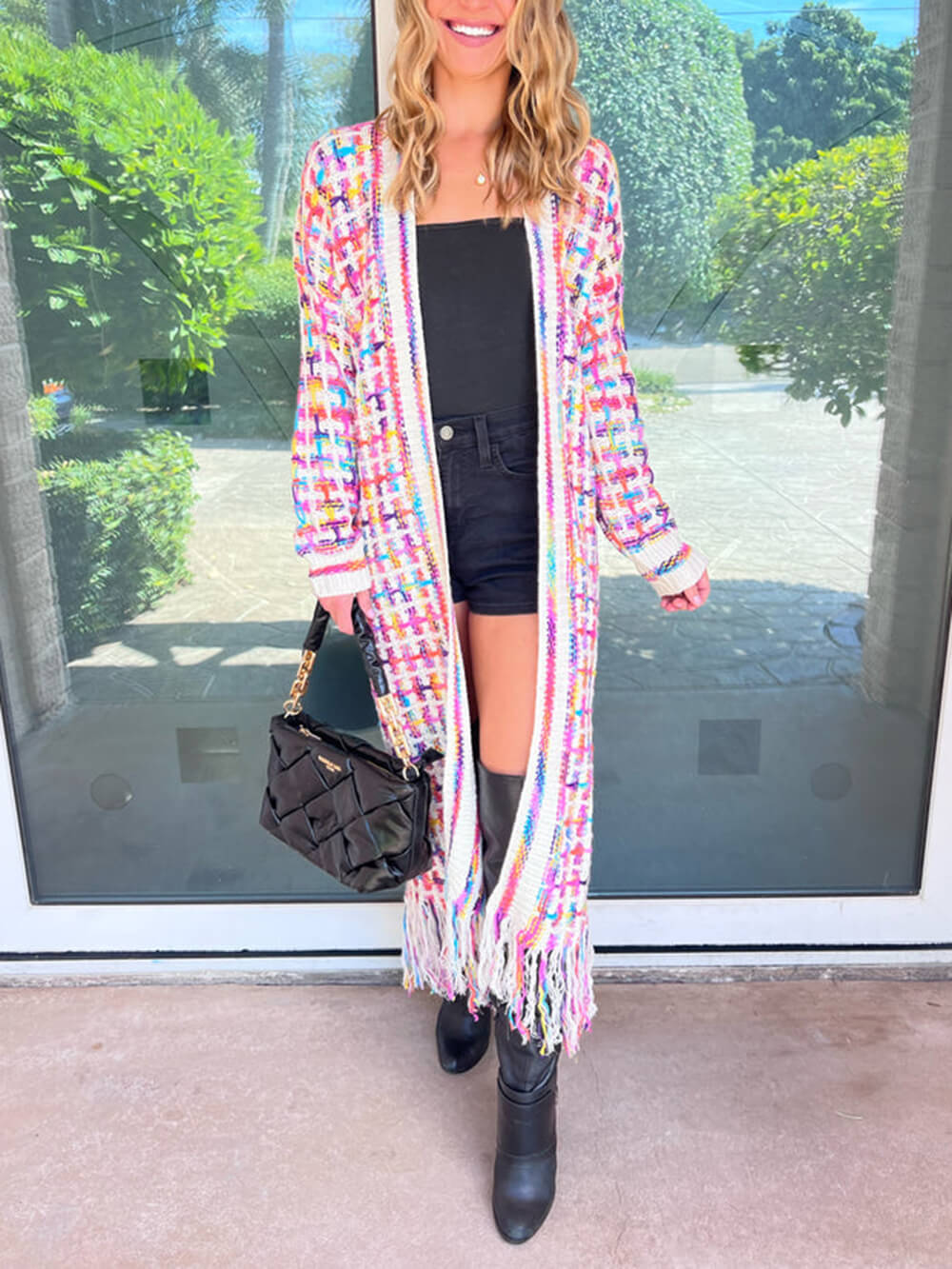 Boho Multicolor Fringe Hem Longline Cardigan