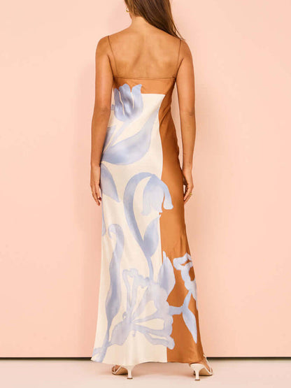 Exquisite Ink Plant Flower Print Sling Slit Midi Dress