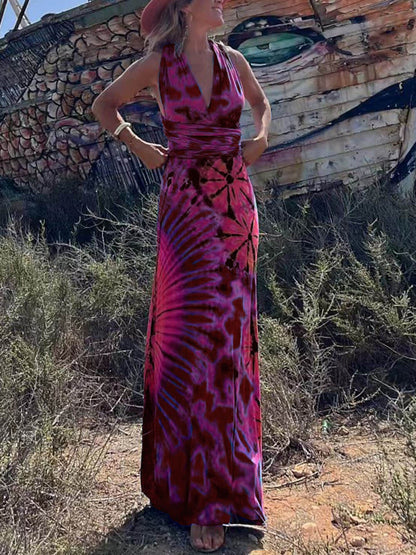 Printed Sleeveless V-Neck Maxi Dress