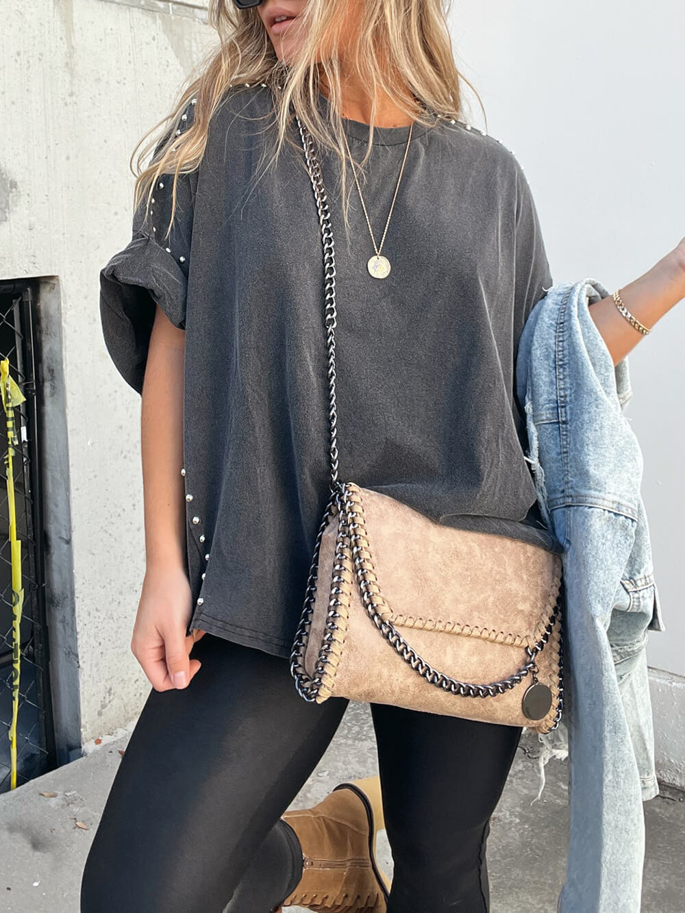 Roll Up Sleeve Studded Oversized Tee