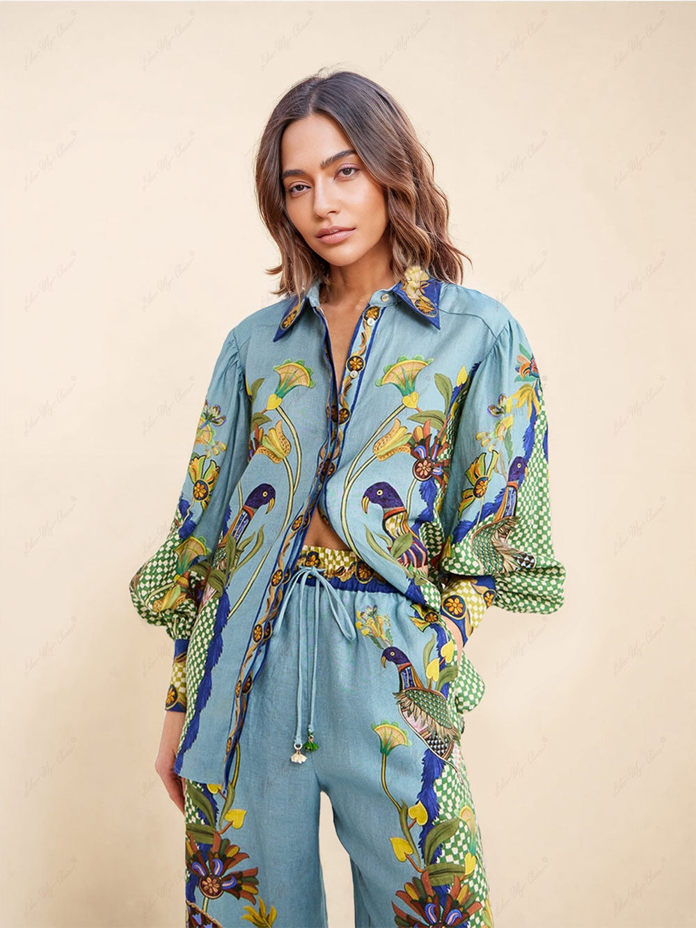 Unique Holiday Printed Puff Sleeve Casual Lanyard Suit