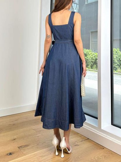 Denim Square Neck Casual Midi Dress