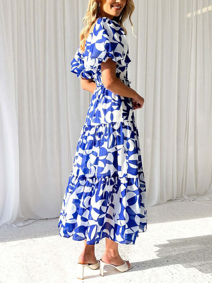 Unique Floral Print Patchwork Up Pleated Maxi Dress