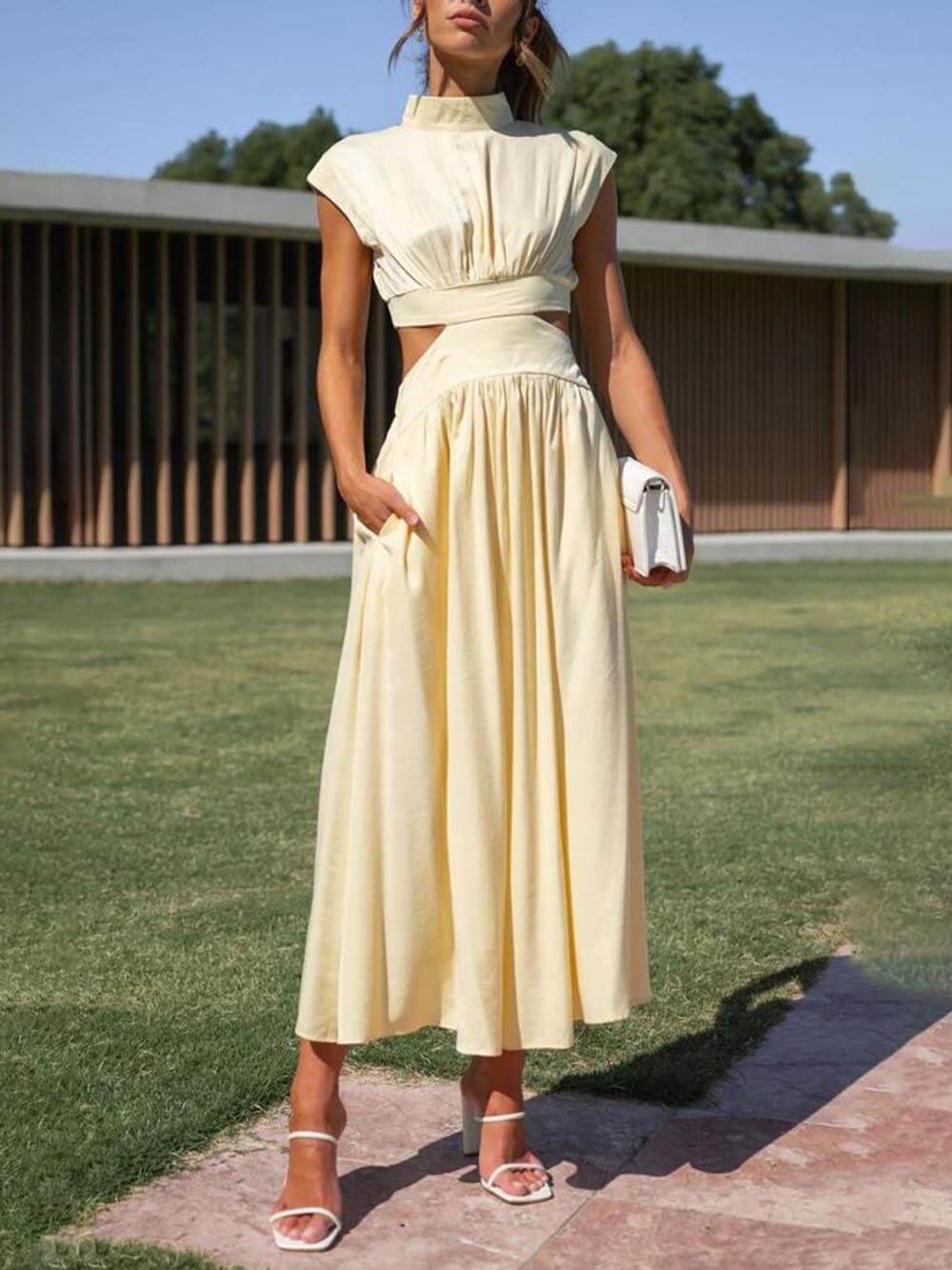 Cutout Waist Pocketed Vacation Midi Dress