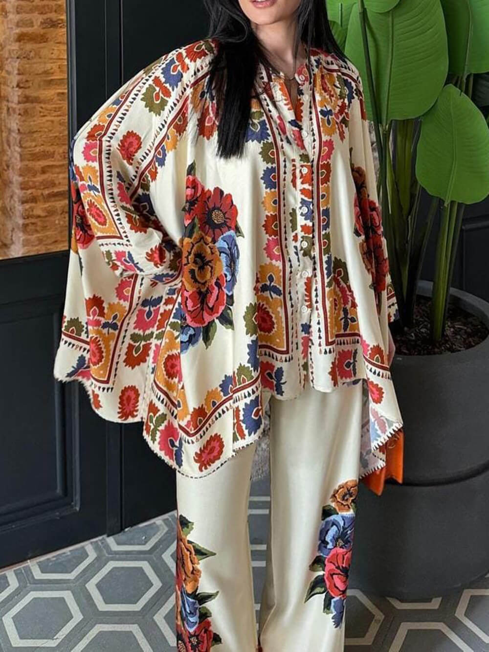 Modern Unique Printed Button Up Oversized Blouse