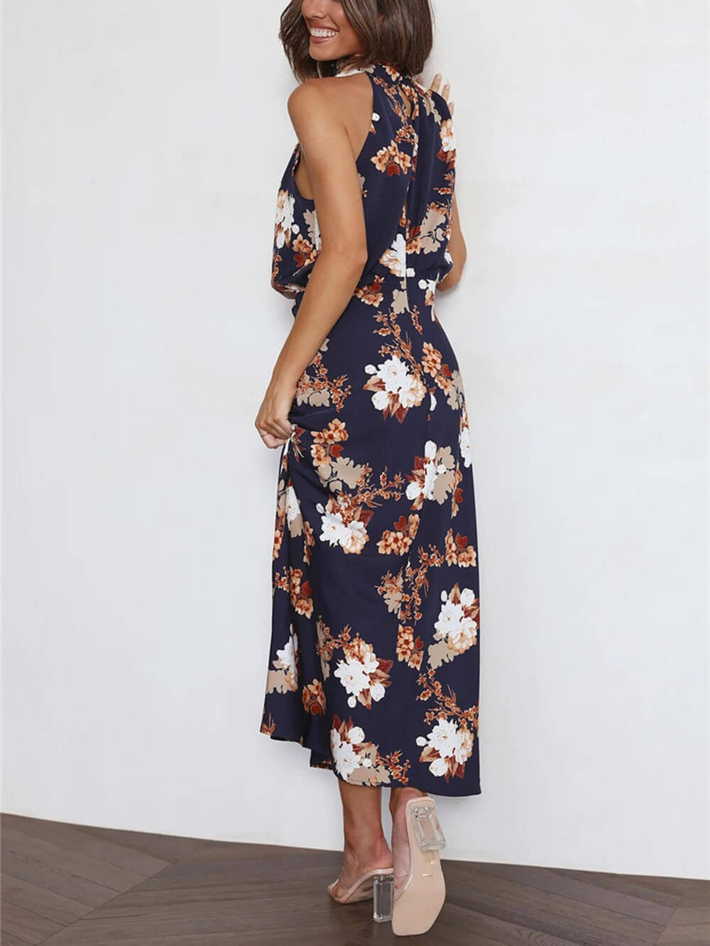 Floral Halter Neck Elastic Waist Maxi Dress