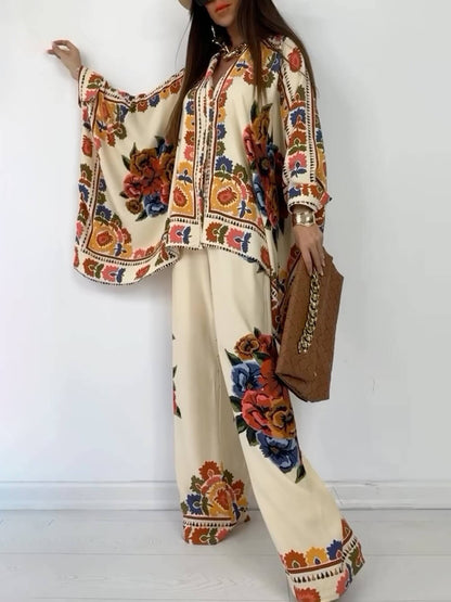 Unique Ethnic Print Elastic Waist Pocket Wide Leg Pants