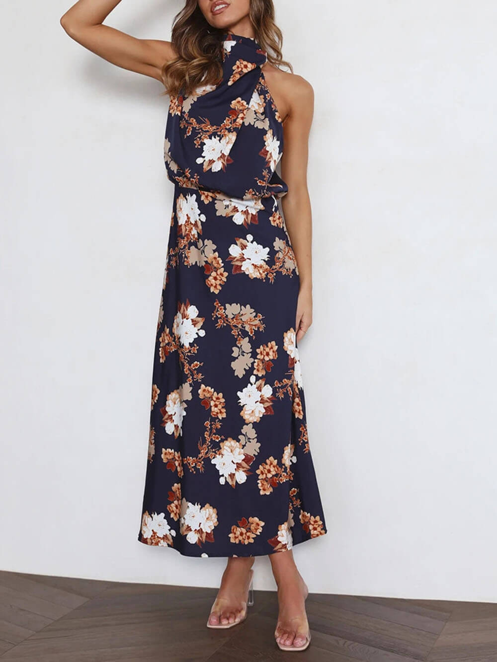 Floral Halter Neck Elastic Waist Maxi Dress