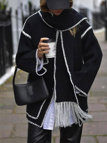 Draped Fringed Blend Jacket With Scarf