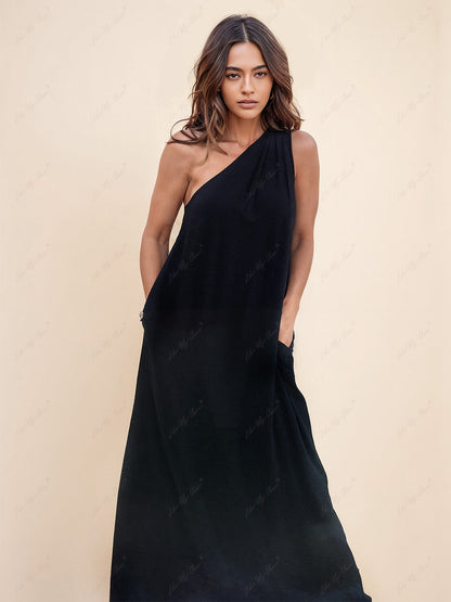 Loose One-Shoulder Sleeve Pleated Pocket Dress