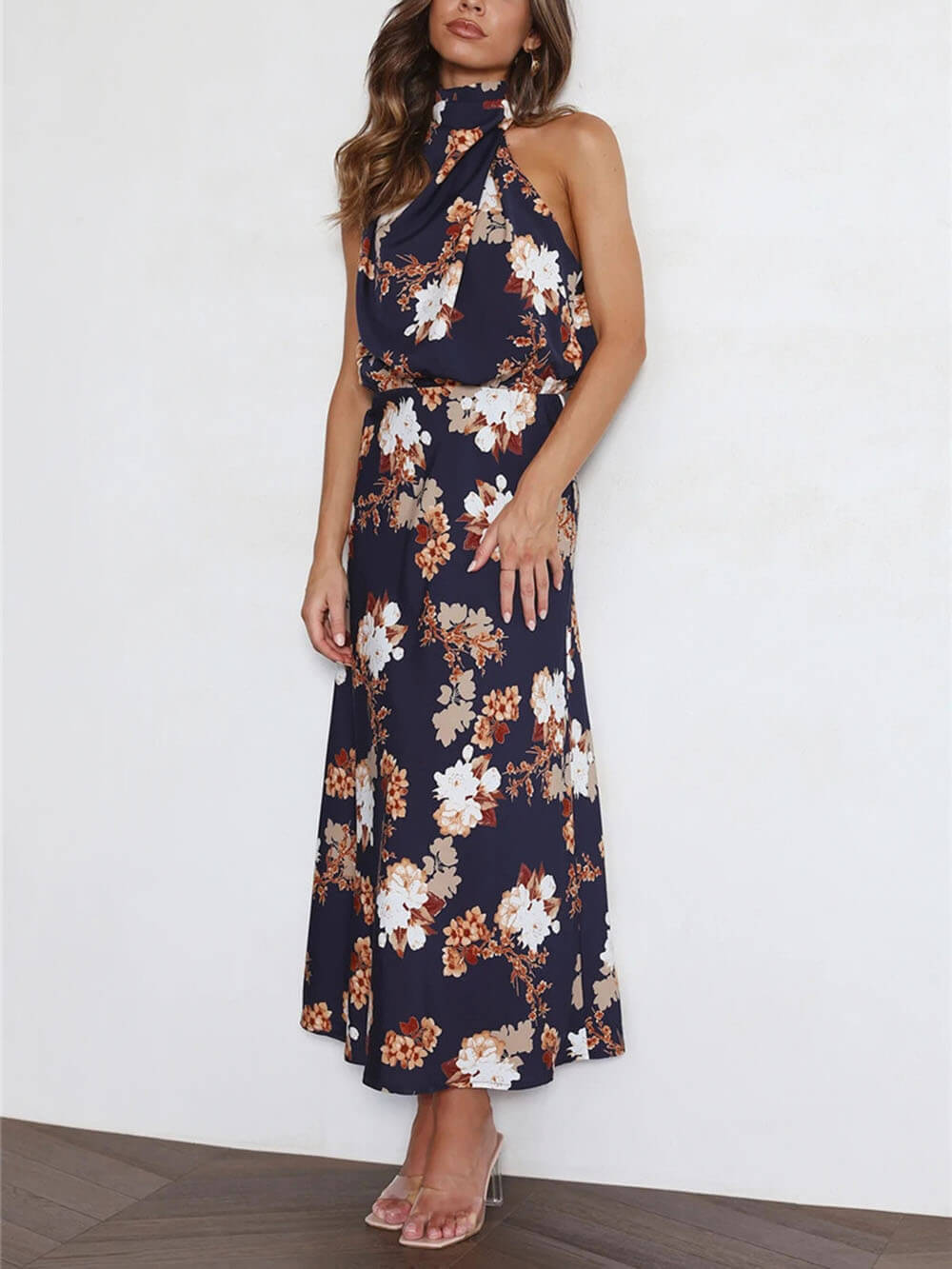 Floral Halter Neck Elastic Waist Maxi Dress