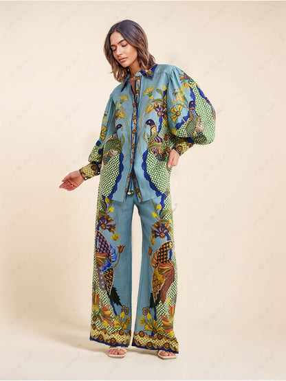 Unique Printed Puff Sleeve Holiday Casual Lanyard Suit