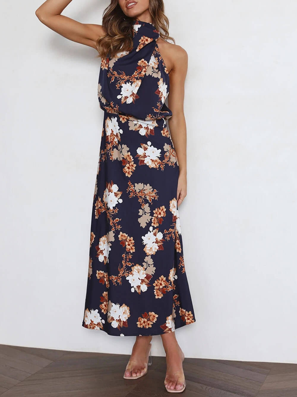 Floral Halter Neck Elastic Waist Maxi Dress