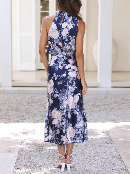 Floral Halter Neck Elastic Waist Maxi Dress