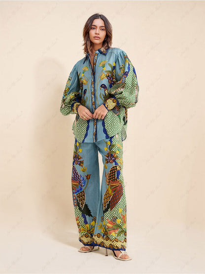 Unique Printed Puff Sleeve Holiday Casual Lanyard Suit