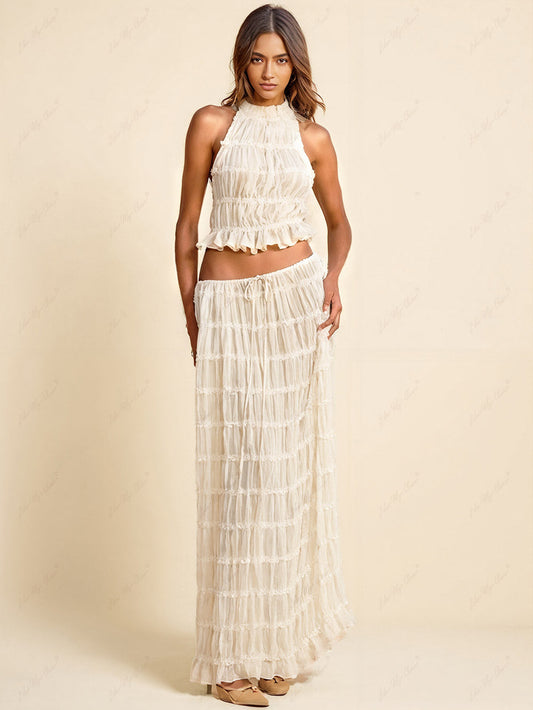 Charm Pleated Drawstring Waist Tiered Maxi Skirt