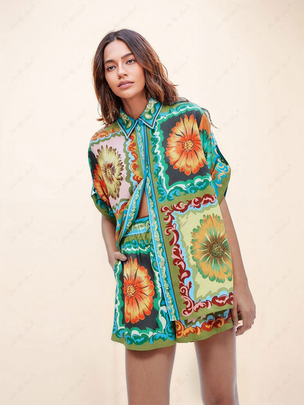 Sunflower Print Button-Down Oversized Shirt