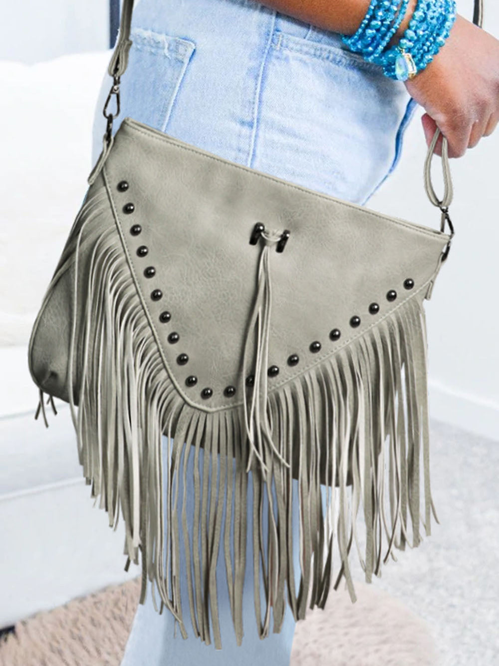 Rivet Fringe Tassel Leatherette Crossbody Bag