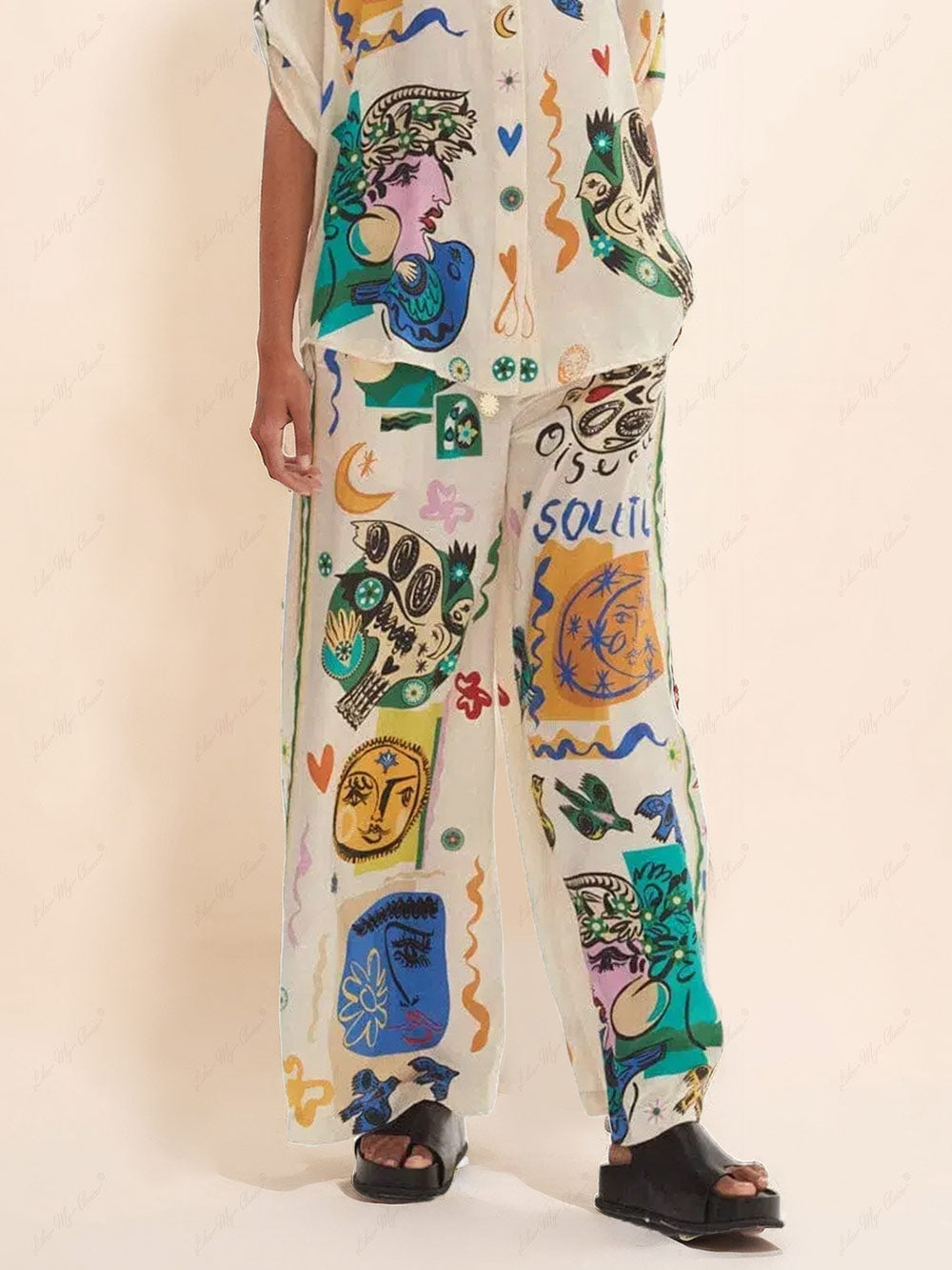 Casual Graffiti Printing Loose Satin Suit