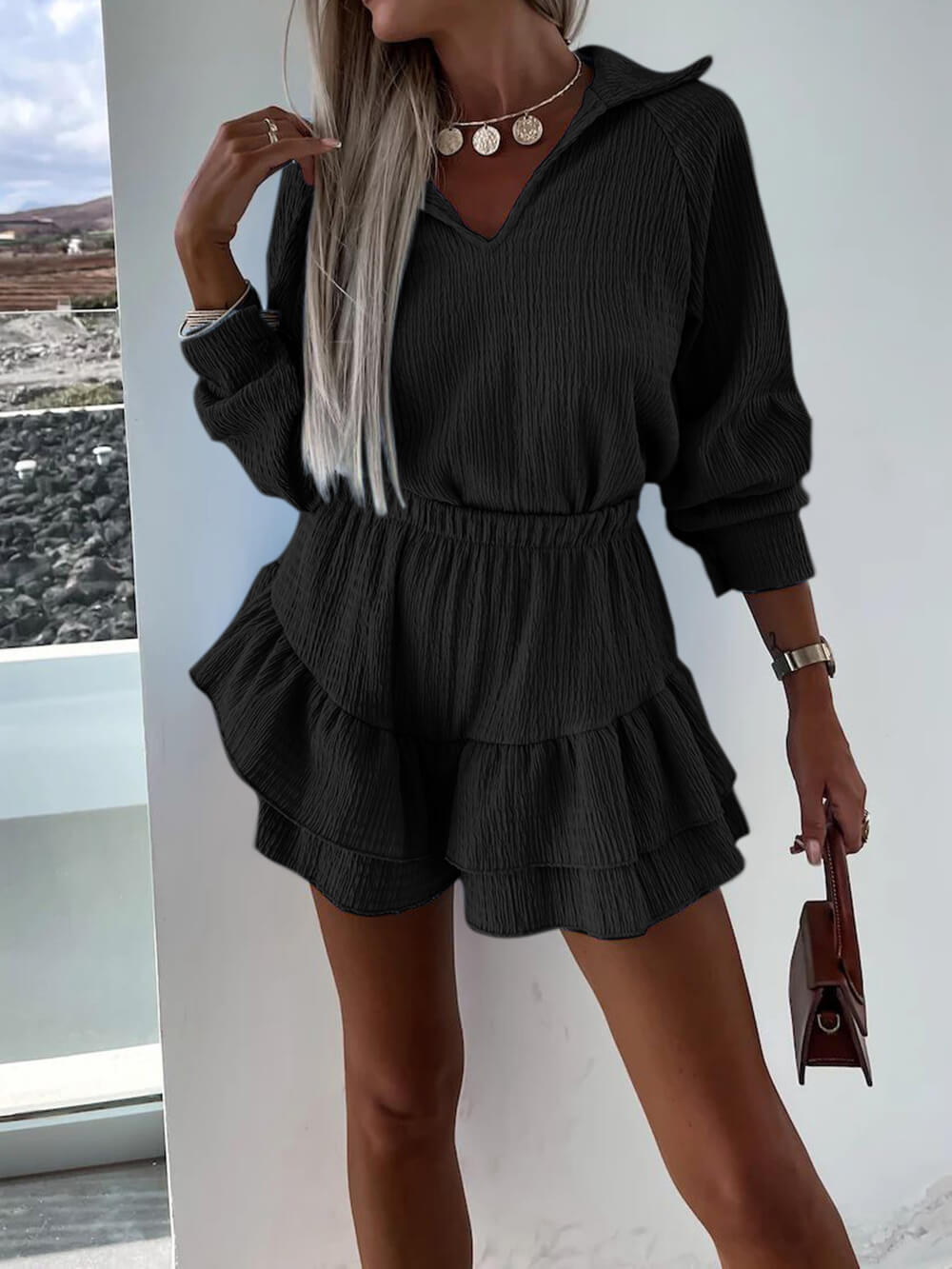 V-Neck Women's Shirt And Flared Skort Two-Piece Set