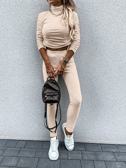 Casual Daily Solid Draw String Fold Turtleneck Long Sleeve Two Pieces