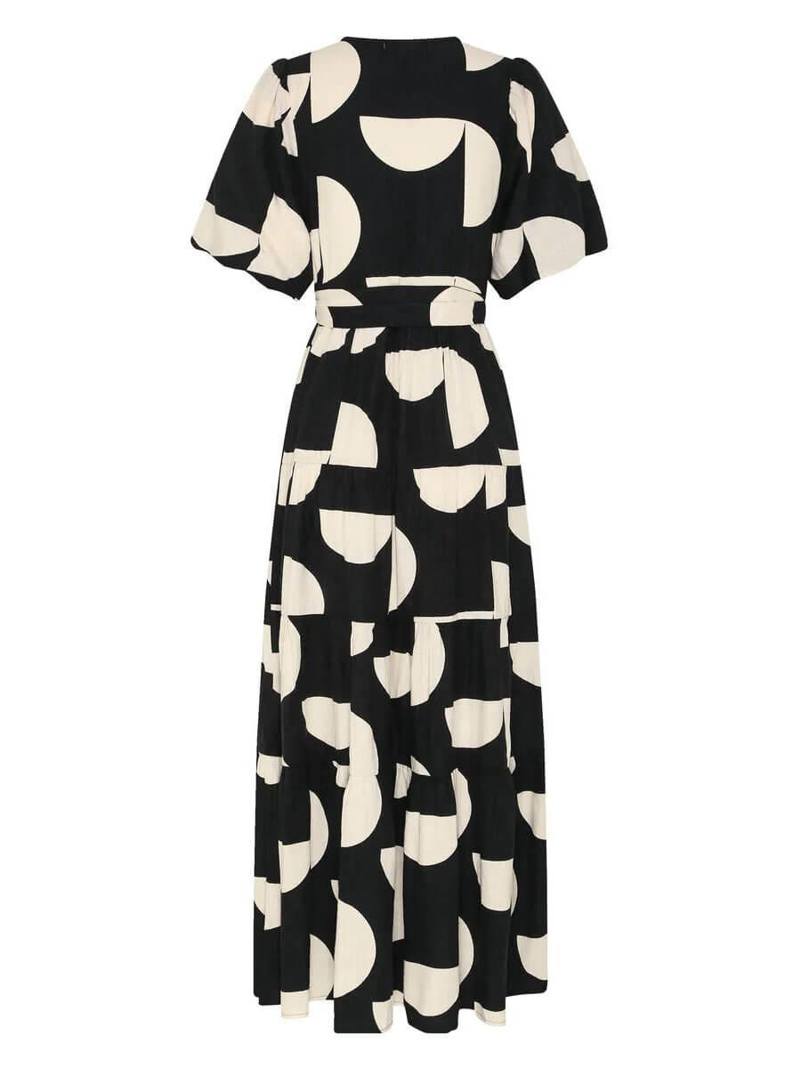 Puff Sleeve V-Neck Geometric Print Midi Dress