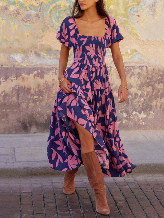 Puff Sleeve Square Neck Printed Midi Dress