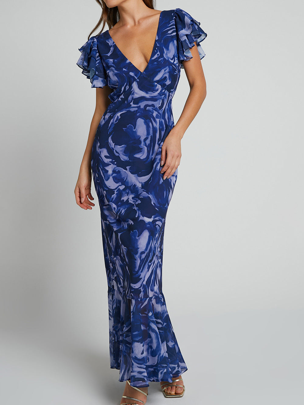 V-Neck Flutter Sleeve Maxi Dress In Navy Swirl