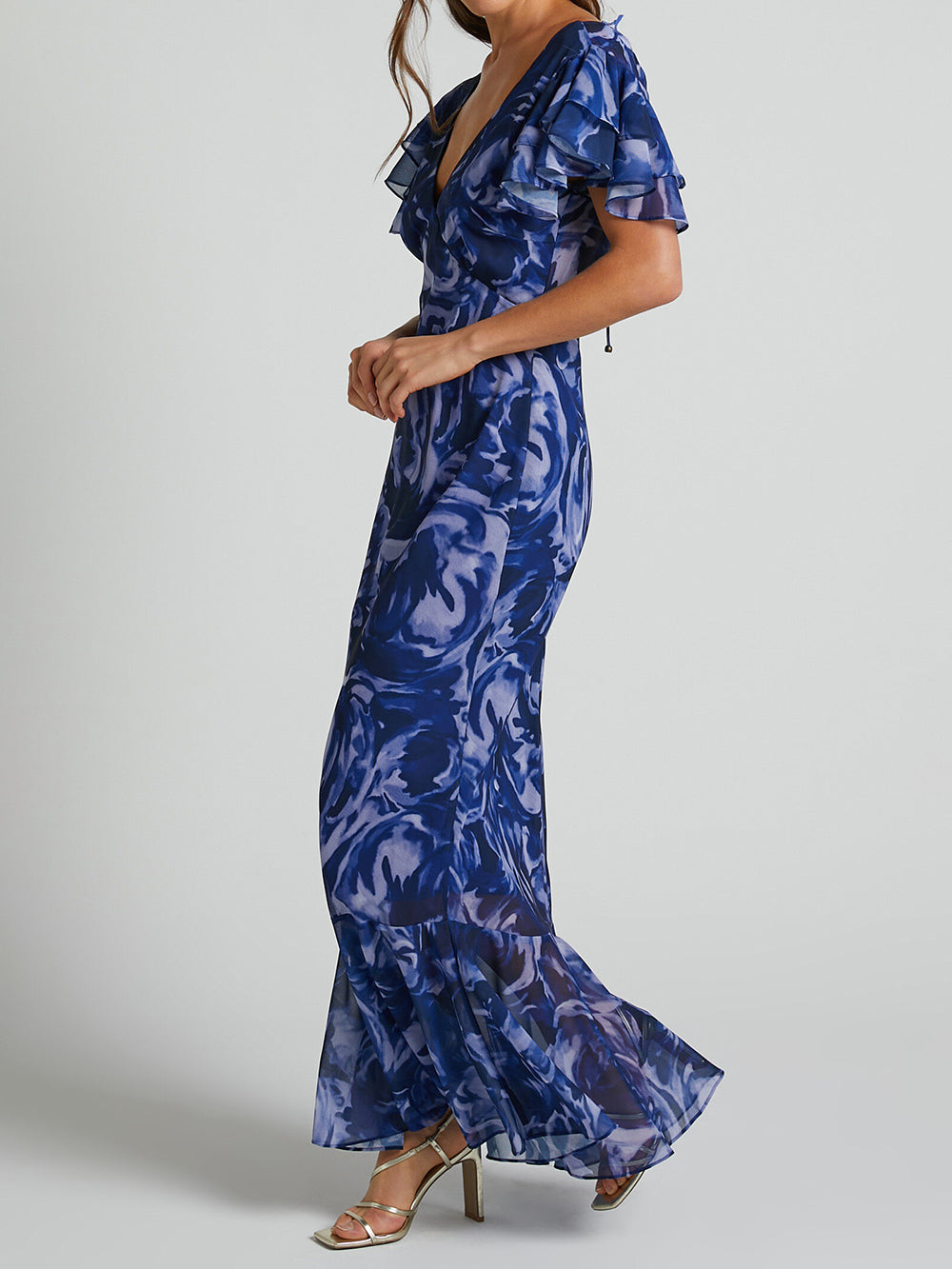 V-Neck Flutter Sleeve Maxi Dress In Navy Swirl