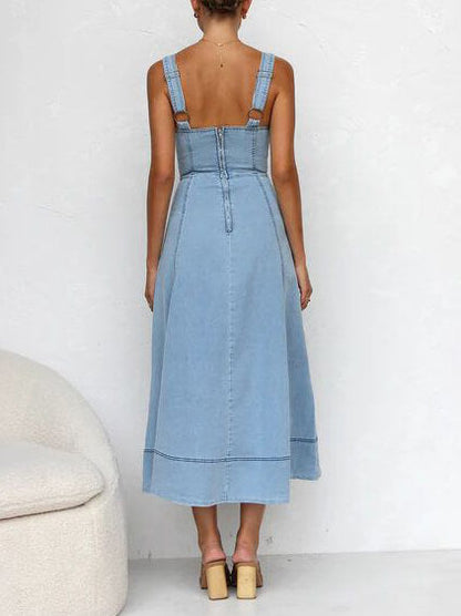 Denim Suspender Casual Button Midi Dress