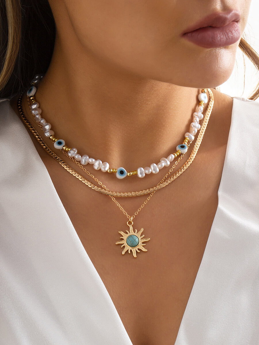 Ethnic Style Special-Shaped Faux Pearl Bead Necklace Vintage Turquoise Sun Eye Necklace