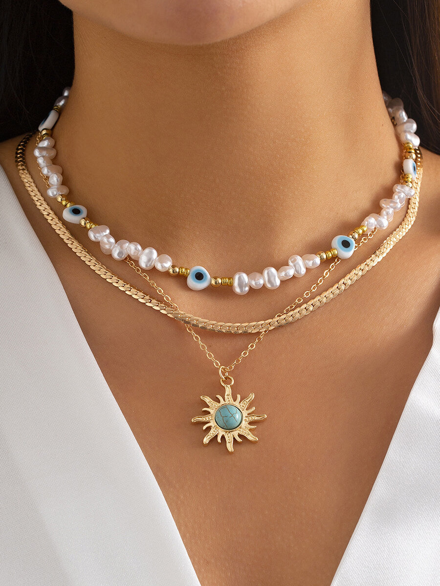 Ethnic Style Special-Shaped Faux Pearl Bead Necklace Vintage Turquoise Sun Eye Necklace