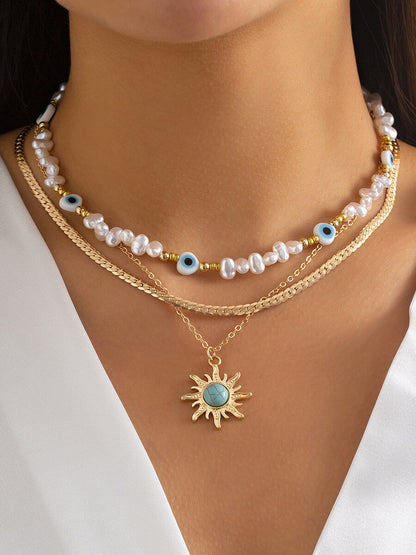 Ethnic Style Special-Shaped Faux Pearl Bead Necklace Vintage Turquoise Sun Eye Necklace