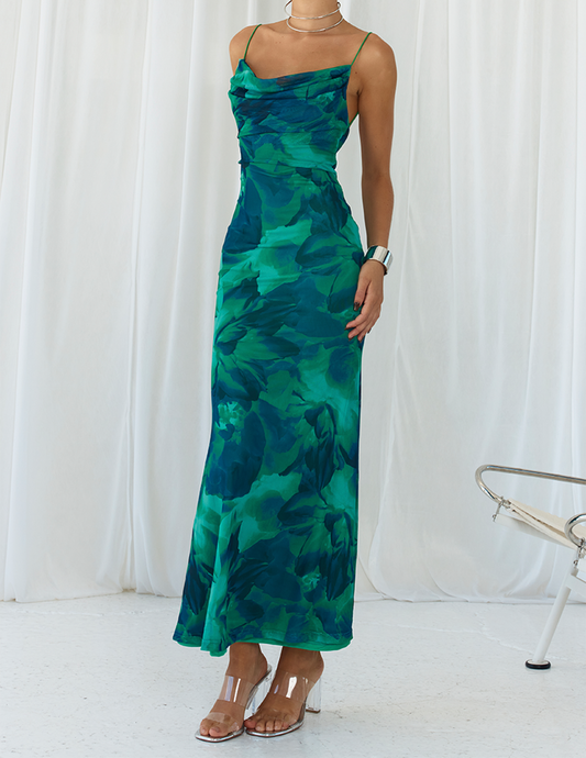 Calista Green Bloom Cowl Neck Slip Maxi Dress