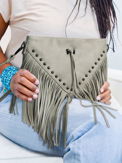 Rivet Fringe Tassel Leatherette Crossbody Bag