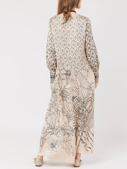 Delicate Floral Print Long-Sleeved Midi Dress