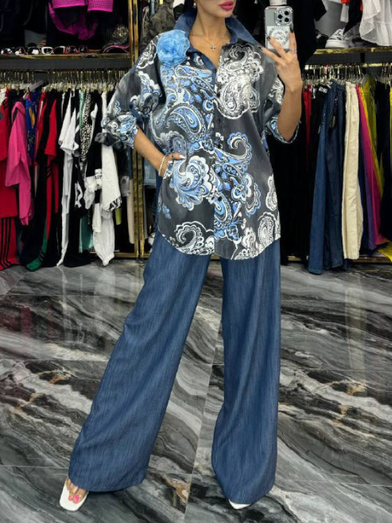 Refined Paisley Print Loose Wide-Leg Pants