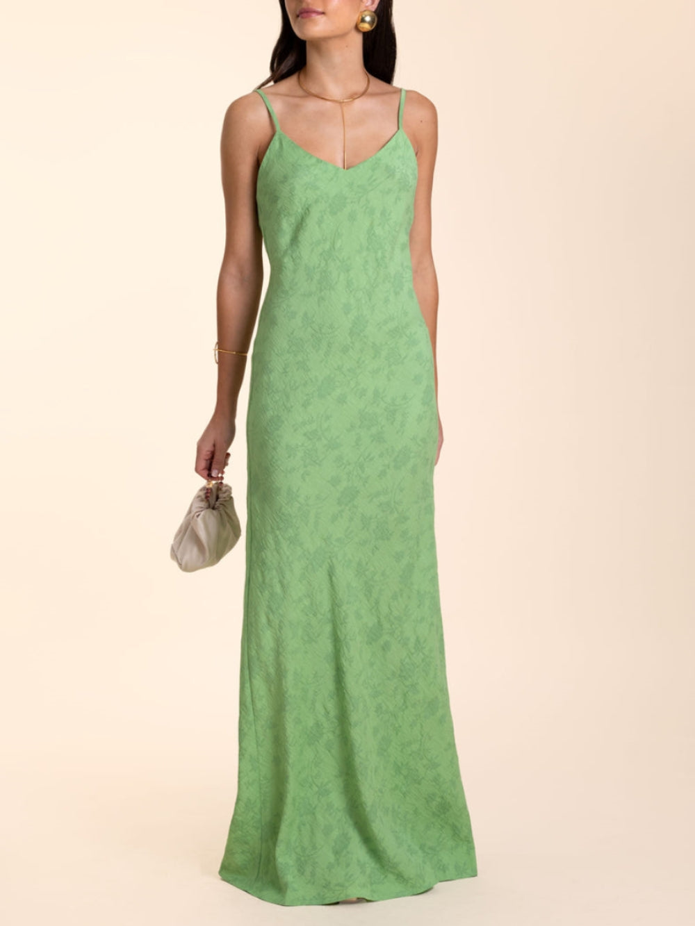 Elegant  Lime Green Jacquard V-Neck Maxi Dress